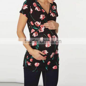 Black Tulip Print Wrap Maternity Top Clothes Cheap photo-3