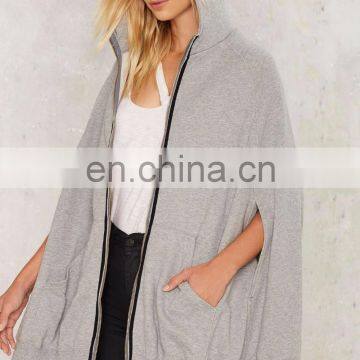 Cool Gray Front Zip Closure And Pockets Poncho Jacket photo-2