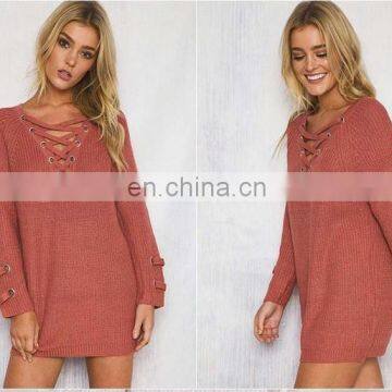 New Design V-neck Straps Women Sweater Long Sleeves Sweater for Ladies KMY1080