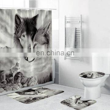 Animal 3D Printing Theme Shower Curtain Wolf Couple Waterproof Non-Slip Bathroom Curtain and Rug Set