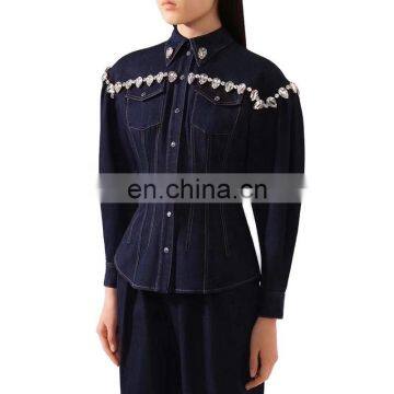 TWOTWINSTYLE Denim Jacket For Women Lapel Long Sleeve Tunic Patchwork Diamond Fashion Vintage