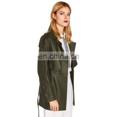 Army Green Lambskin Genuine Leather Motorcycle BlazarJacket With Belt for Women photo-2