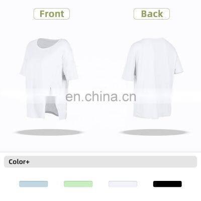 Mesh Side Slit Womens Sports Wear Gym Tshirts Top Selling O Neck Polyester Smocked Tops photo-5