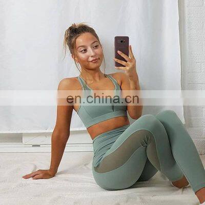 Customized High Quality Sexy Mesh Yoga Bra Matching Leggings Set Suit Women Gym Running Sports Wear Yoga Bra Top And Pants