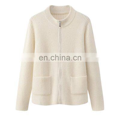 Custom Women's Solid Color Winter Cardigan Knitted Stand Collar Casual Zipper Sweater with Pockets Decoration Made from Cashmere