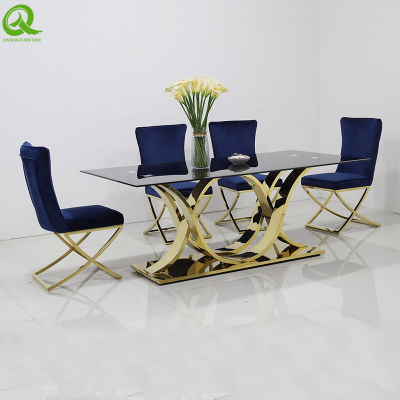 Gold luxury hotel banquet glass table stainless steel frame rectangle dining table