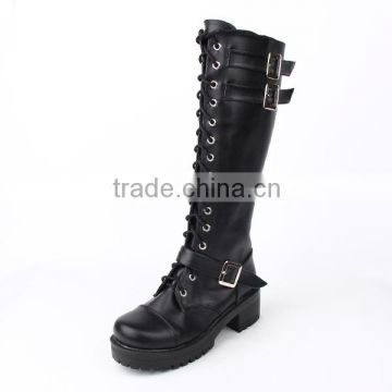 5cm heel fashion black long buckle strap lolita leather Boots shoes unisex