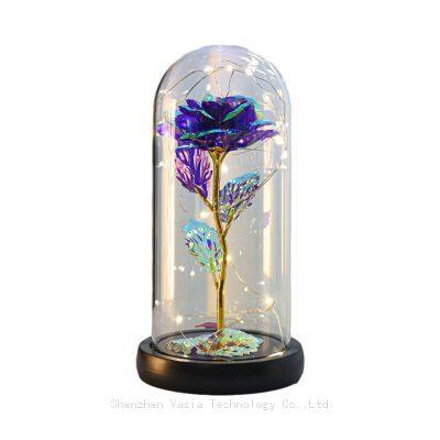 Wholesale Valentines Day Mothers Day Gold Foil Rose in Glass Dome with LED Light Eternal Galaxy Rose Gift Set