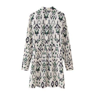 2025 New Fashion Lapel Long-Sleeve Single-Breasted Printed Waist-Hugging Mini Dress photo-3