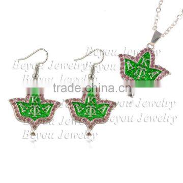 Alpha Kap Alpha Sorority pink green Ivy AKA shinny rhinestone neckalce earring Jewelry set