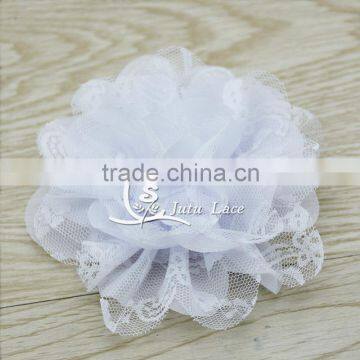 3.75 Inch Chiffon Lace Flower in Pink - Solid Chiffon Flower With Lace- Flower Head for Headbands and DIY Hair Accessories photo-4