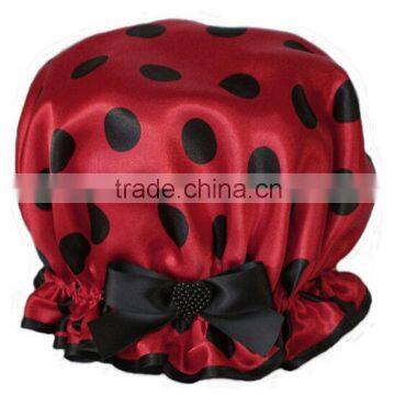 red dot satin elastic shower bath cap with bow for lady