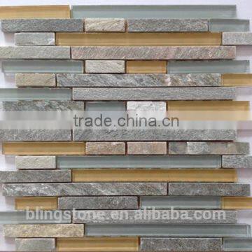 golden white qtz interlocking pattern glass mosaic tile and stone mosaic (crystal glass)