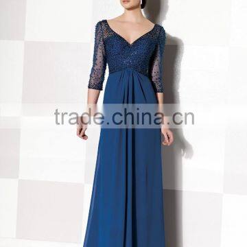 2015 Charming A-Line V-Neck Chiffon Beaded Top Three Quarter Sleeve Mother Dress Chiffon Evening Party Dress Custom Made HA-023