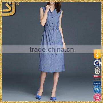 Clothes manufacturer fashion women designs blue linen plain V neck casual shirt dress                        
                                                Quality Choice