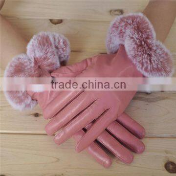 Fashion Ladies Leather Gloves With Rex Rabbit Fur on Cuff