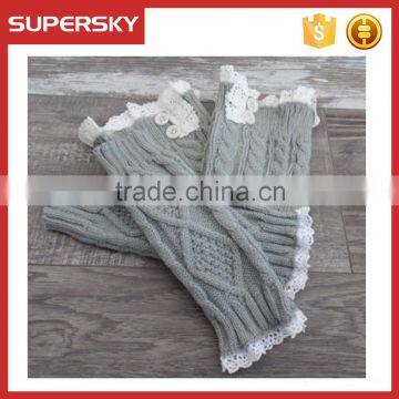 C6117 Diamond jacquard knitted long fingerless gloves with lacy