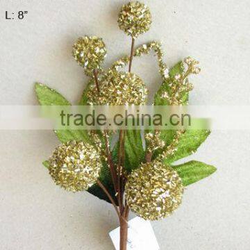 Fresh Artificial Christmas Gold Flower Pick 8" Artificial Ball Flower With Berries And Leaf