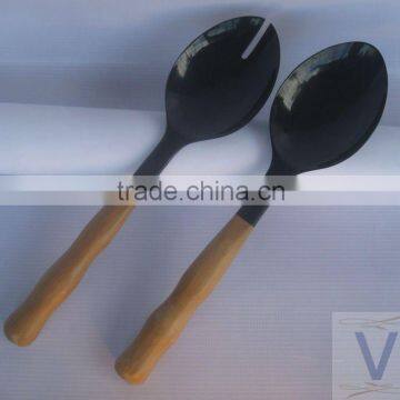 Water buffalo horn salad server set, black horn ladle, wooden handle