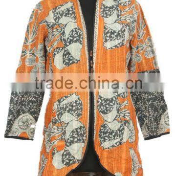 RTHCJ-23 Orange Floral reversible cotton kantha WinterJackets For Girls Unique Design long size Jaipur