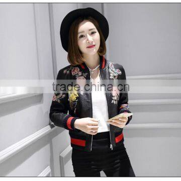 Fashion Brand Real Sheepskin Leather Baseball Uniform Flower Embroidery Jackets