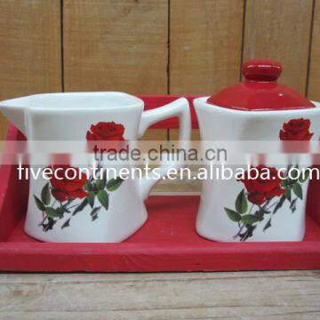 Rose Decal Ceramic Sugar and Creamer Set in Wooden Stand