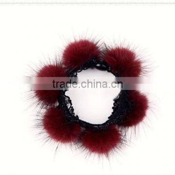 Hot Selling Real Redl Mink Fur Elastic Hair Band for Fashion Girls with Lace