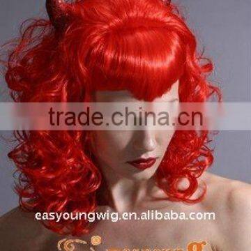 Cheap synthetic Red cosplay wig, Holloween Festival party wig with Horn