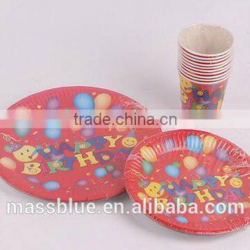 A set of red color paper plate and paper cup for happy birthday