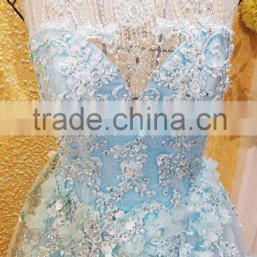 Free Shipping Real Sample Light Blue Beading Evening Dresses 2016 Crystal Flower Applique Open Back Bow Sash Party Gown ML183 photo-5