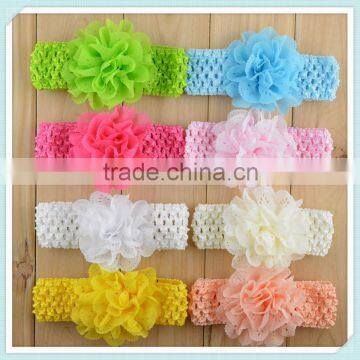 baby infant cotton yarn beautiful fabric chiffon flower headbands handmade knit crochet flower