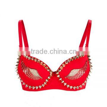 Gold Stud Rivet Spike /Wings Red Steampunk Bralette Top Sexy Club Bra Push Up Exotic Bras For Women Underwear Dancewear Lingerie