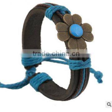 Real leather retro handmade hand chain alloy flower with bule jewellery bracelet