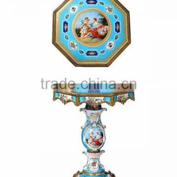 European Character Design Porcelain With Brass Hexagon Center Table, Floral Painting Small Side Table Inlaid Ceramic Desktop