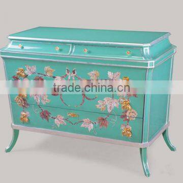 Antique Hand Carved Classic Curio Cupboard Inlaied Seasell Mosaic, Gold Gilding Wooden Display Cabinets With Flowers Paint Motif photo-4