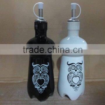 Black white ceramic owl design oil olive vinegar bottle set