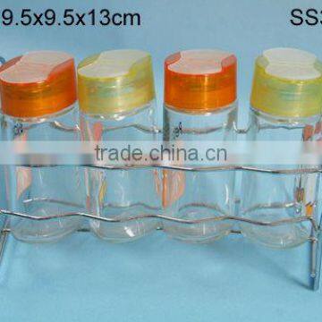 4 pcs glass spice jar set with metal frame and plastic lids