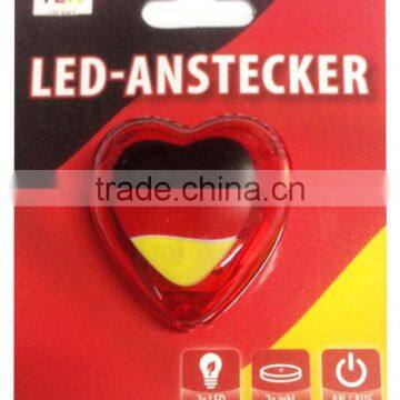 Independence day decoration heart shaped LED light safety plastic pin brooch