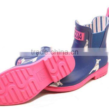 Navy Upper Pink Outsole White Dog Printed Lovely Fashion Design Chelsea Rubber Shoes Waterproof Wellies Low Cut Ankle Rain Boots photo-3