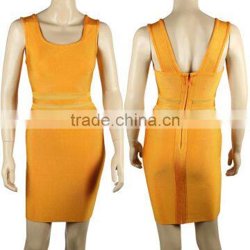 2015 New Fashion Sexy Women's HL Bodycon Mesh Bandage Yellow Dress Night Wear Celebrity Slim Dress