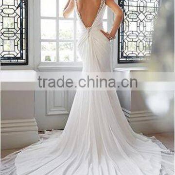 New Beaded v Neck Backless Spaghetti Strap Simple Bridal Gowns photo-2