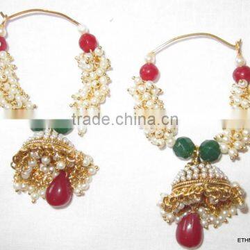 Red Green pearl hoop bollywood gold tone dangler jhumka EARRINGS