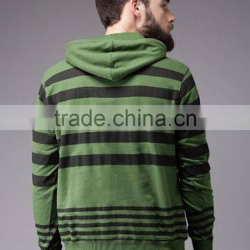 Green Black Striped Hooded Sweatshirt Custom Wholesale Long Sleeves Kangaroo Pocket Ribbed Hem Sweater 60% Cotton 40% Polyester photo-4