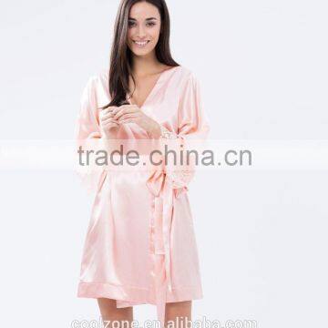Elegant Tie-up Front Lace Trimmed Sleeves Kimono Robe Wholesale Satin Robe. photo-2