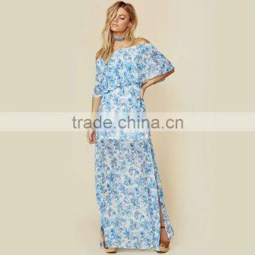 Peony Blue Floral Mumu Dresses 2018 Womans off Shoulder Maxi Dress photo-2
