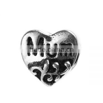 Zinc Based Alloy European Style Large Hole Charm Beads Heart Antique Silver Message Message " MUM "