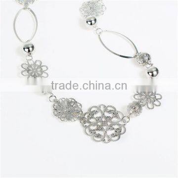 New Fashion Copper Filigree Stamping Sweater Necklace Long Link Curb Chain Silver Tone With Hollow Flower Connectors photo-2
