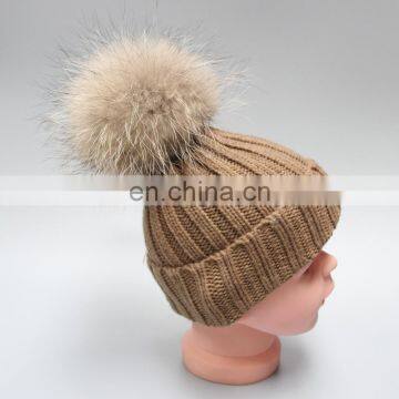 High Quality Custom Winter Knitted Beanie Hat With Fur Pom- Pom