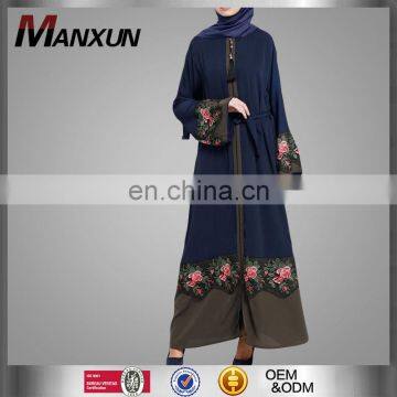 2017 Dubai Latest Model Woman Kimono Flower Lace Muslim Long Cardigan Navy Blue Crew Neck Open Front Abaya