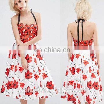 China supplier clothing OEM service sleeveless red floral printed women's evening gown dress